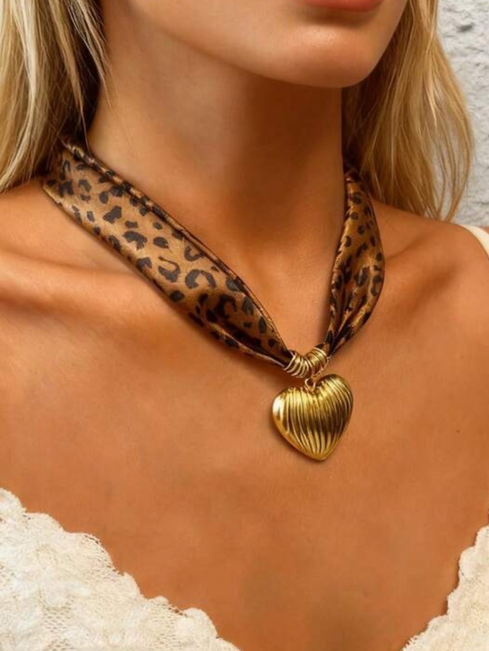 Heart Pendant Leopard Scarf Necklace #2556